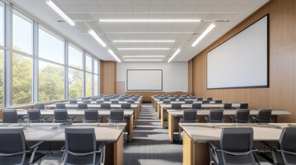 Beige and wooden auditorium interior with chairs and desk in row, mock up copy space projection screen on wall. Seminar or learning space with panoramic