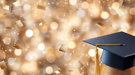 Graduation cap surrounded by golden confetti shines brightly against a festive backdrop of blurred lights during a celebration