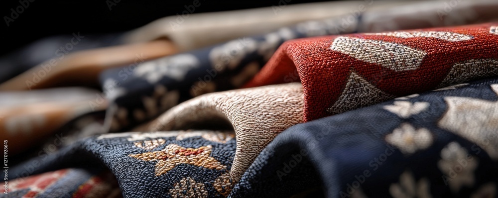 Poster handicrafts weaving technique concept. textured fabrics in rich colors and patterns stacked elegantl
