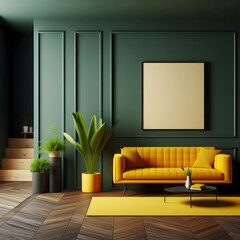 A bright yellow sofa set against a rich green wall, offering a lively and inviting atmosphere in the living space.