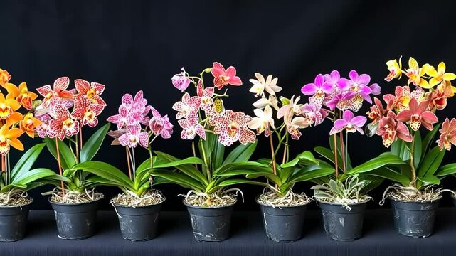 Colorful orchids in pots on display against black backdrop