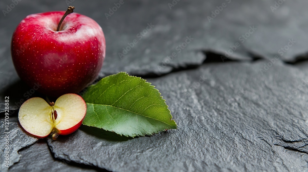 Aufkleber fresh red apple on slate surface with half slice and green leaf for healthy eating experience : gene