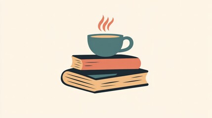 Bookstore logo featuring a stacked book design with a coffee cup on top, representing a cozy reading space, warm and welcoming.