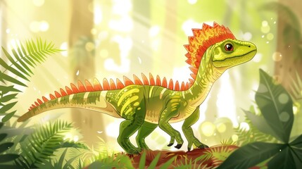 A colorful, cartoonish dinosaur walking through a lush, vibrant forest environment.