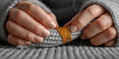 Obraz premium handicrafts weaving technique concept. Cozy hands holding a knitted fabric with orange thread detail.