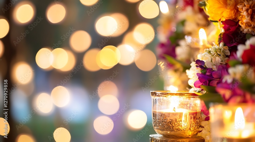 Poster close up of candles glowing softly amidst beautiful floral arrangements creating a serene and inviti