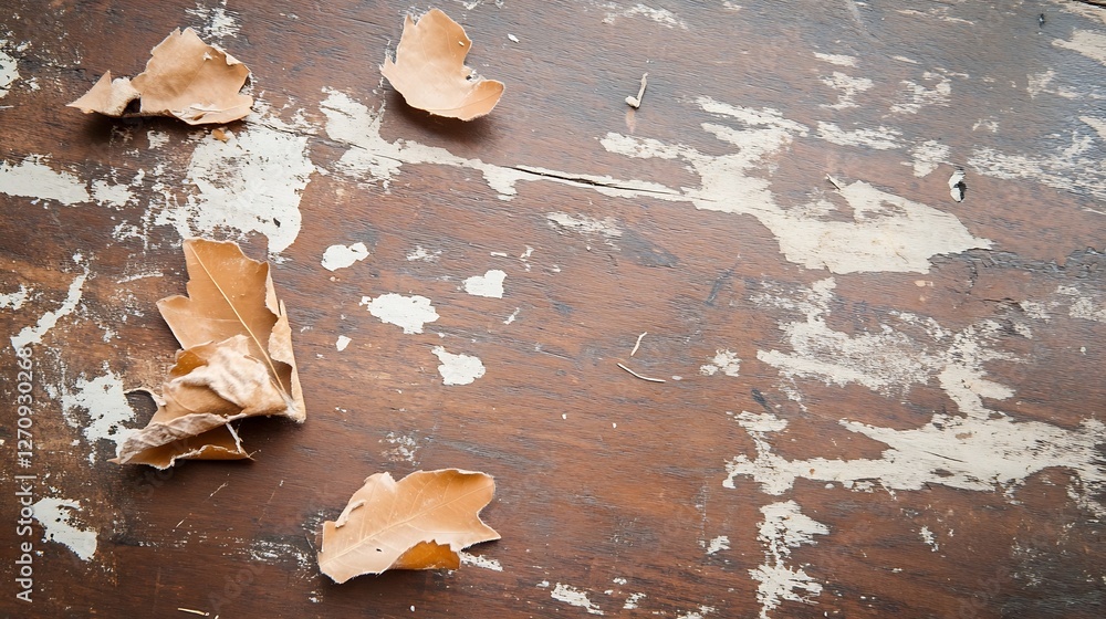 Poster fallen yellow leaves on a weathered wooden surface creating a rustic nature scene : generative ai