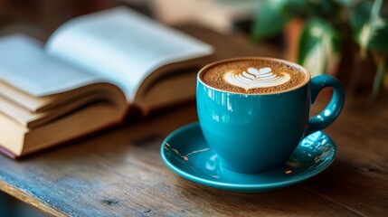 Coffee shop offering free books with every purchase on Book Day, promoting reading culture, cozy and inviting concept.