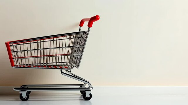 Empty shopping cart against a wall