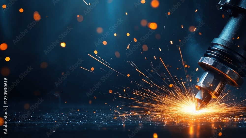 Aufkleber close-up of welding torch creating bright sparks against dark background in industrial workshop sett