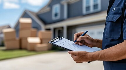 Delivery worker checking inventory while standing outside a suburban house on a sunny day filled with moving boxes