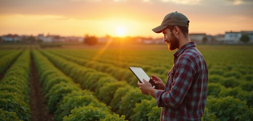 Bearded farmer uses tablet in cultivated field at sunset. Modern agriculture concept. Smart farming tech solutions. Cultivation of vegetables with latest digital technology for agribusiness. Male in