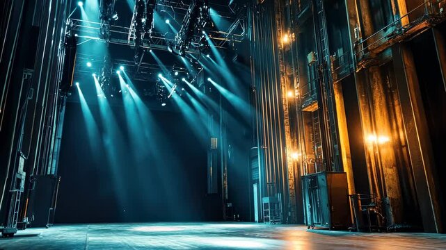 Empty theatre stage lit by spotlights, dark background, ready for performance