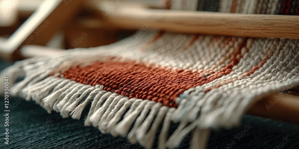 Poster handicrafts weaving technique concept. woven fabric with fringes showcasing intricate patterns and t