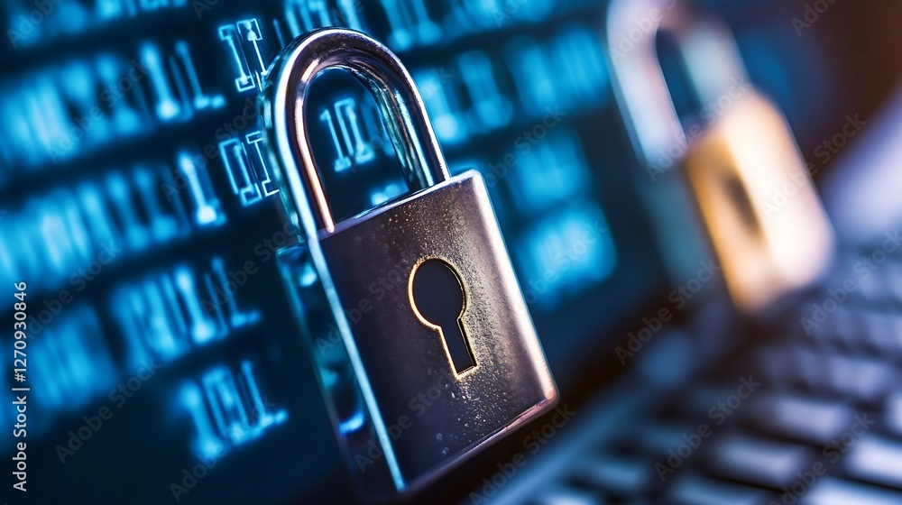 Leinwandbilder Close up of metallic padlocks representing cybersecurity on a digital interface with code : Generative AI