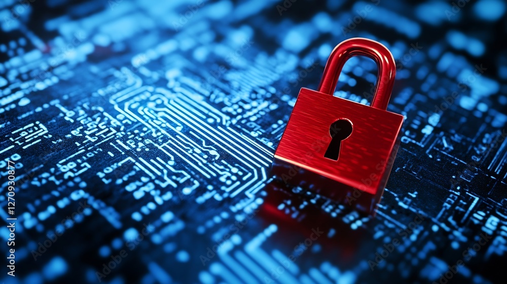 Leinwandbilder Close up of a red padlock representing digital security on a blue technology background : Generative AI