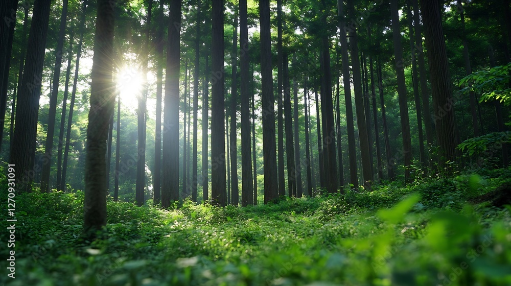 Poster Sunlight streaming through dense trees in a peaceful forest creating a serene and enchanting atmosphere : Generative AI