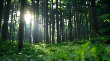 Sunlight streaming through dense trees in a peaceful forest creating a serene and enchanting atmosphere : Generative AI