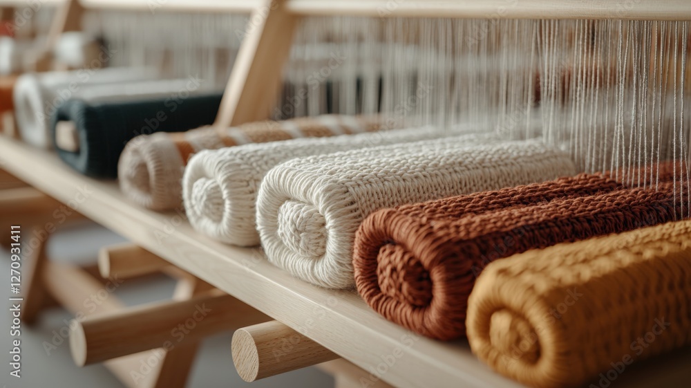 Aufkleber handicrafts weaving technique concept. rolled textiles displayed neatly on a weaving loom shelf.