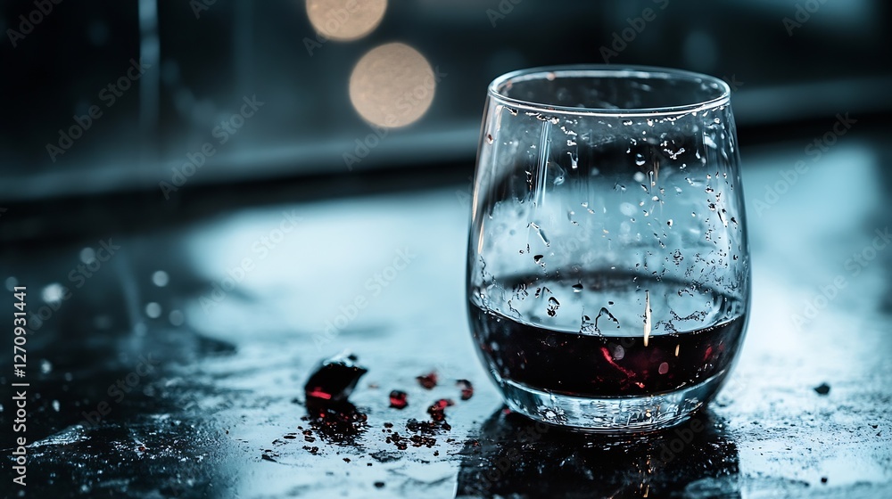 Poster elegant glass filled with red wine on a dark reflective surface with droplets : generative ai