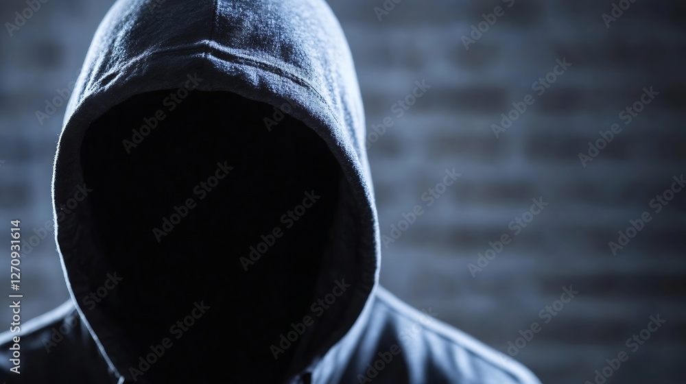 Aufkleber Mysterious figure in a dark hoodie with a shadowy background creating an enigmatic atmosphere : Generative AI