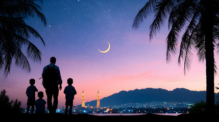 Silhouette Family Viewing Eid Sunset Cityscape