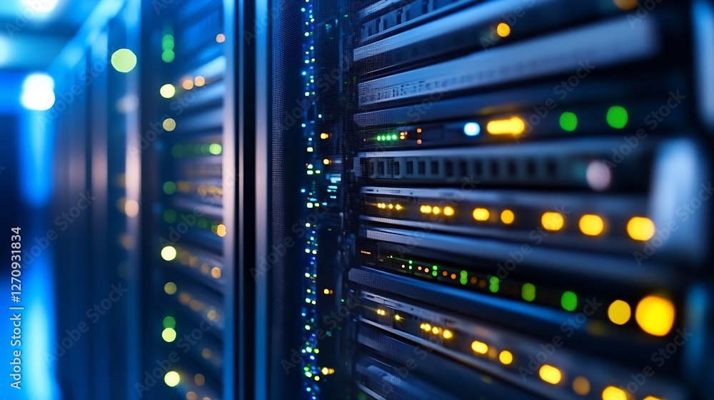 Poster Server room showcasing advanced technology with blinking lights and equipment in a sleek environment : Generative AI