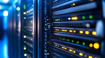 Server room showcasing advanced technology with blinking lights and equipment in a sleek environment : Generative AI