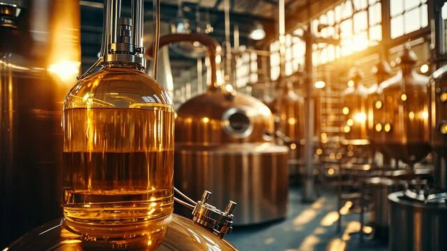 Golden beer brewing in vats at a brewery with sunlight