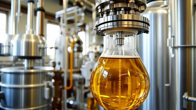 Golden liquid filling flask in industrial distillery, tanks background