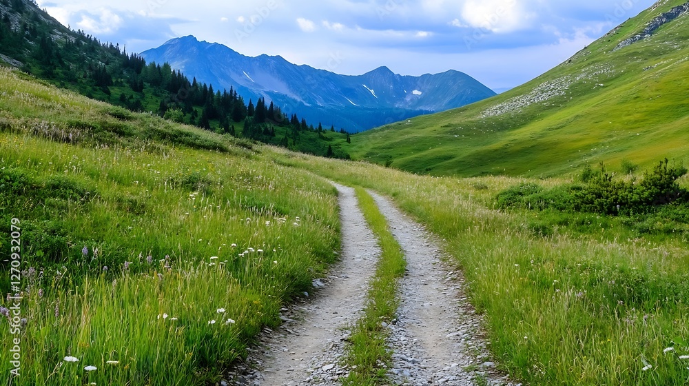 Poster serene mountain landscape with a winding path through the lush green grass and rolling hills : gener