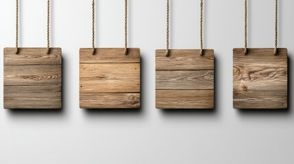 A visually appealing arrangement features four rustic wooden signs elegantly suspended on ropes, set against a plain wall in a minimalist environment