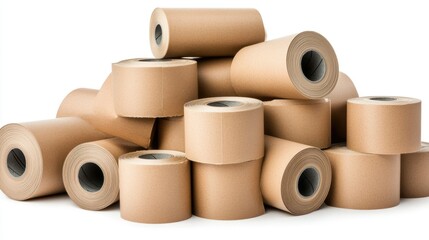 Stacks of unprinted paper rolls displayed on a clean surface in a well-lit studio environment showcasing various sizes and textures