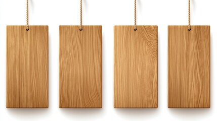 Naklejka premium Wooden tags hanging on a white background for labeling, decoration, or artistic purposes in a minimalist style