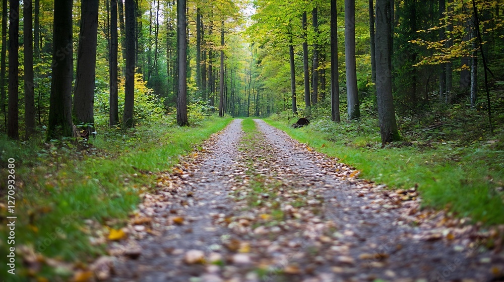 Poster Serene forest pathway surrounded by trees with autumn foliage and tranquility : Generative AI