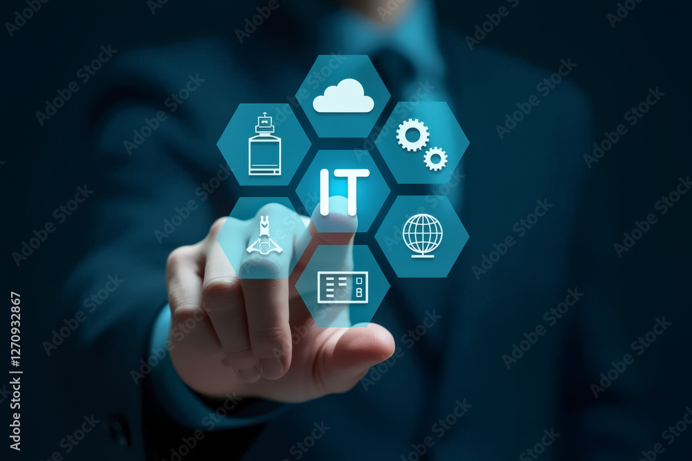 Poster navigating the digital realm: a close-up shot of a person's hand interacting with digital icons repr