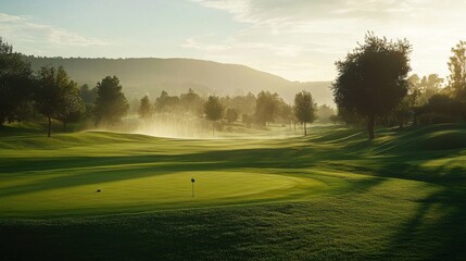 Golf course in maintenance. Watering golf course with sprinklers. Golf course at sunset.