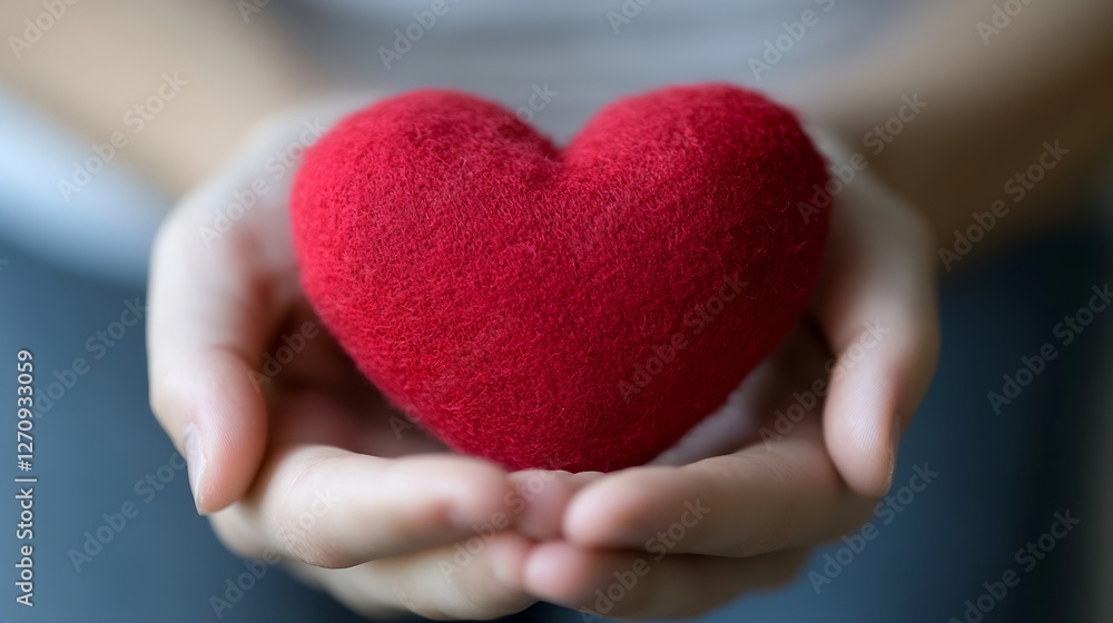 Poster close up of a red heart shaped soft toy held gently in hands symbolizing love and care : generative 