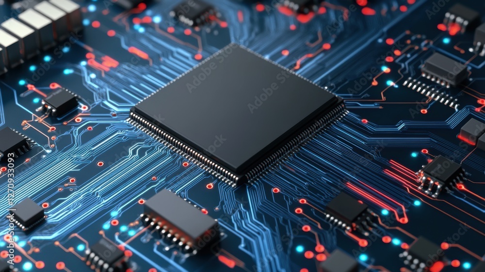 Poster close-up view of a microchip on a circuit board with red and blue led lights illuminating the surrou