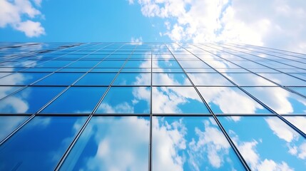 Captivating lowangle view of a modern glass building reflecting clouds in a bright blue sky : Generative AI