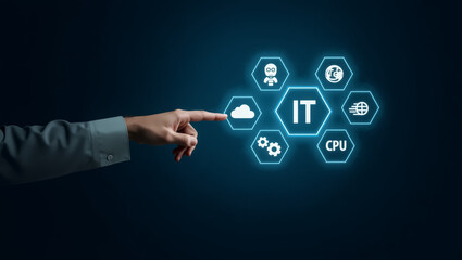 IT Innovation at Your Fingertips: A hand gestures towards a glowing "IT" interface, surrounded by symbolic icons representing innovation, technology, and the digital world.
