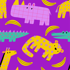Cute African Safari animals flat style. Childish rhinoceros, giraffe, leopard, crocodile. Kids vector seamless pattern