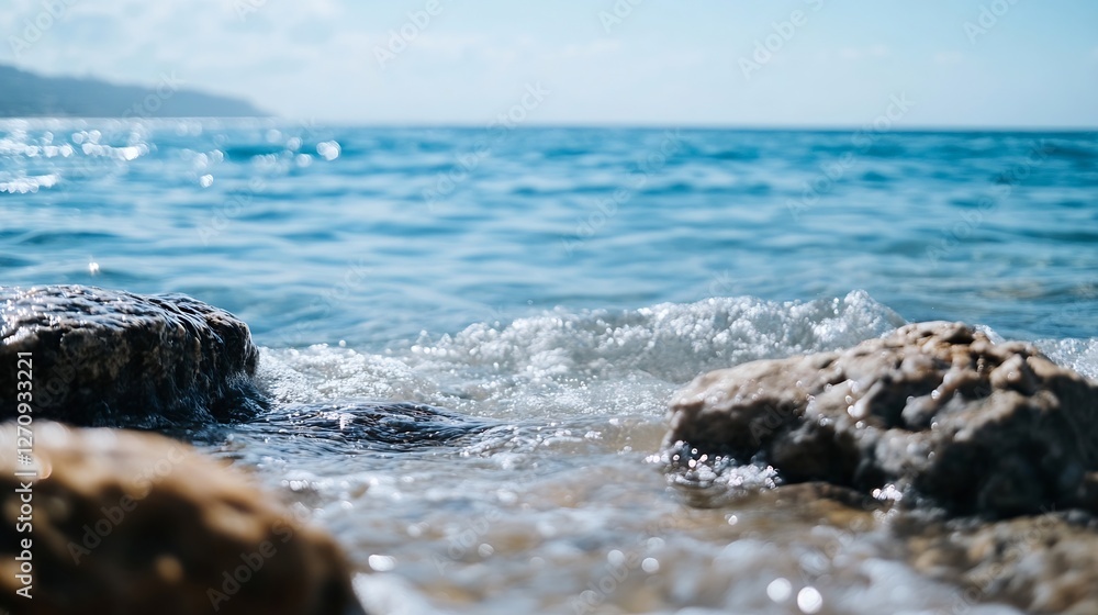 Aufkleber calm sea view with gentle waves rolling over rocky shore reflecting sunlight in a peaceful setting :