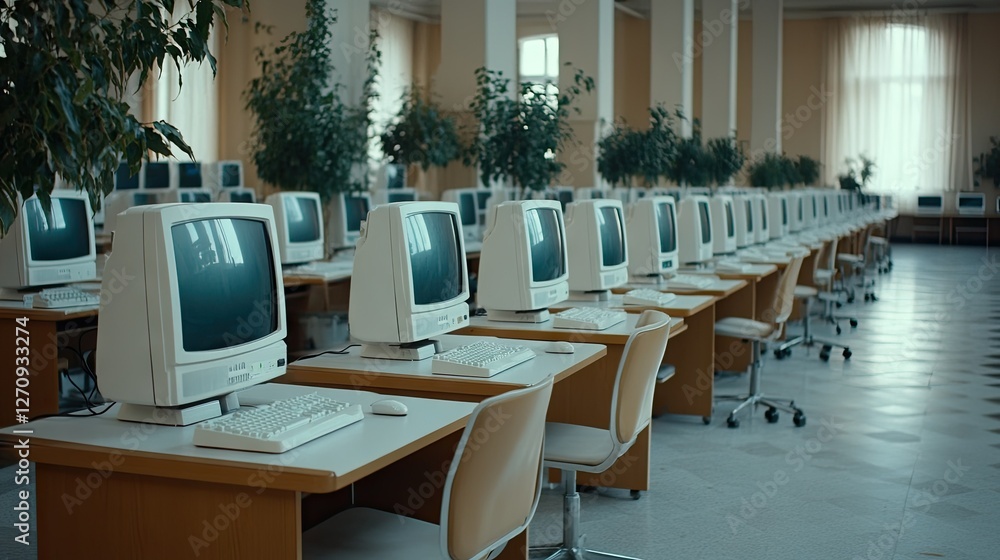 Poster long row of outdated desktop computers arranged in a spacious educational facility with natural ligh