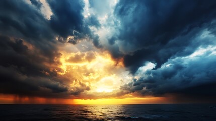 Obraz premium Dramatic Sunset Over Ocean with Dark Storm Clouds Reflecting Warm Light and Peaceful Waves : Generative AI