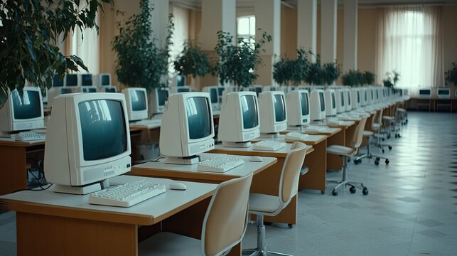 Long row of outdated desktop computers arranged in a spacious educational facility with natural light streaming in through large windows