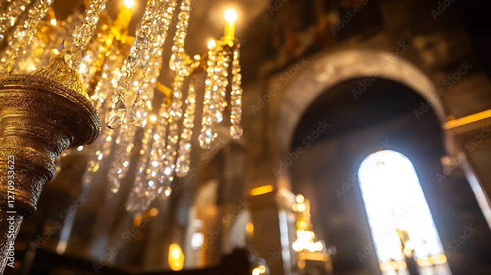Poster Intricate chandelier closeup capturing the warm glow of light filtering through elegant crystal designs : Generative AI