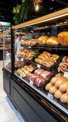 Freshly baked goods displayed in a bakery with a variety of breads and pastries available for customers to choose from in a modern setting