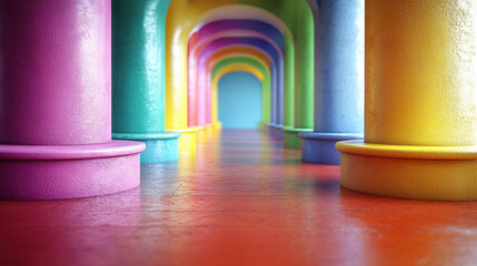 Colorful rainbow columns in vibrant hallway with glossy floor