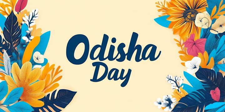 Vibrant floral design celebrates Odisha Day. Bold typography highlights the occasion against a pale yellow background. Perfect for celebratory social media posts or greeting cards